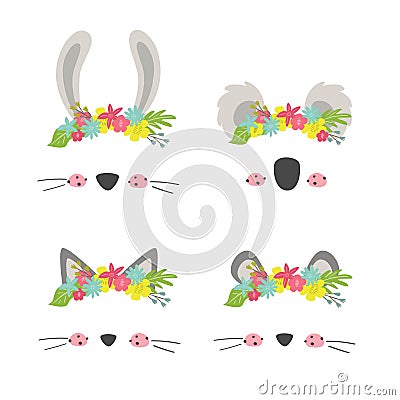 Floral animal faces. Animal head mask with flower crown and wreath for baby girl. Cute kids design. Print for shirts postcards and Vector Illustration